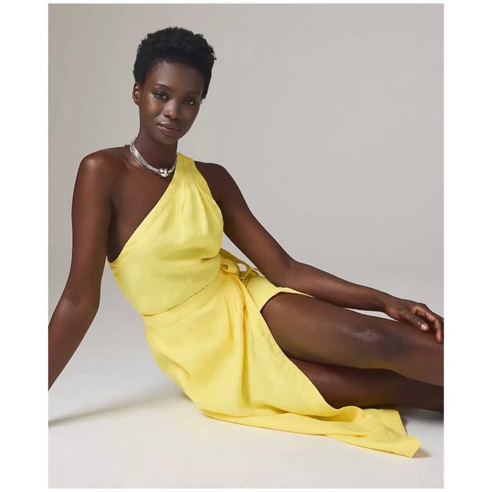 NWOT Anthropologie One Shoulder Linen Dress in Yellow  Size 10